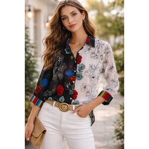 Vintage Collection Sheer Floral Blouse L Mixed Print Button Up Boho Cottagecore‎